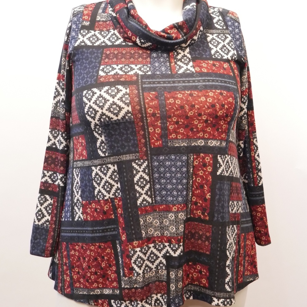 Living Doll LA Womens Plus 1X Patchwork Knit Blouse Cowl Neck Long Sleeve NWT